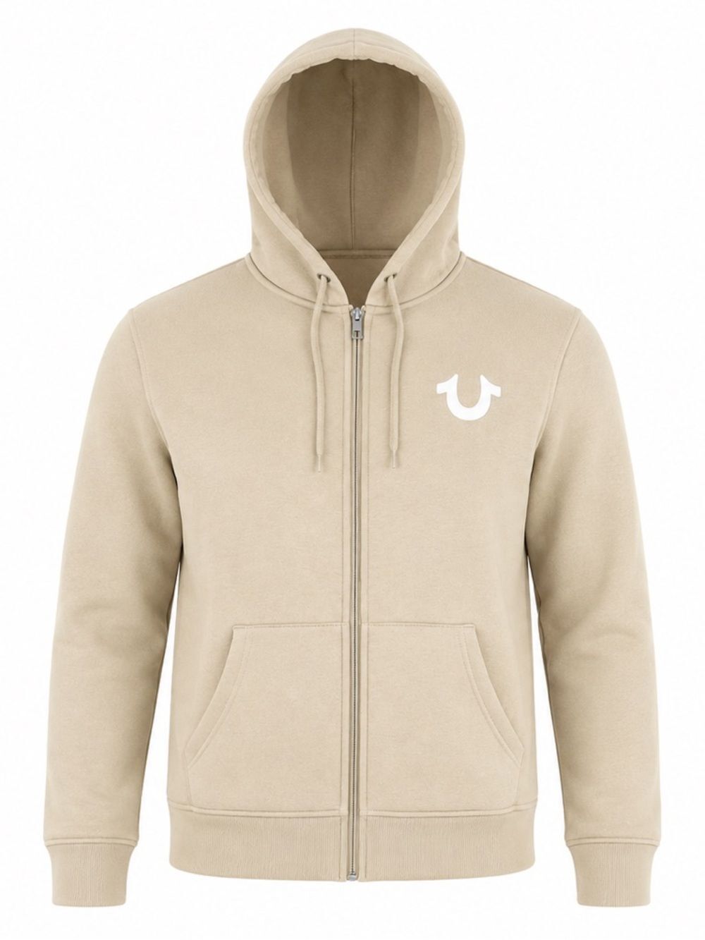 True Religion Big Horseshoe Flock Zip Hoodie Men M Tan Buddha Y2K Streetwear